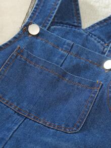 SHEIN Vintaside Kids 2pcs/Set Young Boys Casual Outfit - Light Blue Denim Bib Overalls Paired With Solid White Short Sleeve T-Shirt, Versatile Daily Wear - Blue and White - View 7