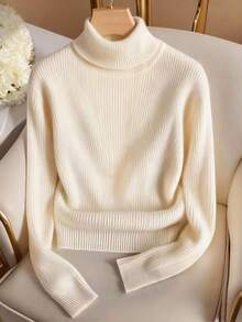 Franclia Plus Size Ribbed Turtleneck Elegant Casual Knit T-Shirt, Minimalist Solid Color Knit Sweater - Apricot - View 2