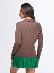 Eassivo Eassivo Regular Fit Contrast Trim Front Button Long Sleeve Polo Sweater - Mocha Brown - View 2
