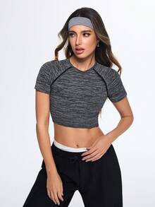 Eassivo Eassivo Women's Dark Grey Seamless Crop Top,Raglan Short Sleeve Summer Athleisure Casual Gym Tee,Stretchy Ribbed Knit Slim Fit Workout Yoga Activewear Shirt - Grey - View 6