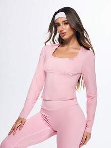 Eassivo Eassivo Herbst einfarbiges Slim Fit Langarm Rundhals Athletik T-Shirt - Pink - Übersicht 5