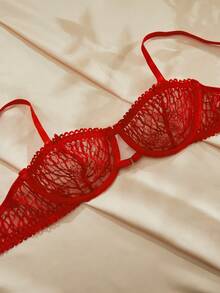 Charlaine French Red Lace Push Up Bra Semi Sheer Plant Pattern Underwire Bralette For Women - Red - View 4