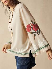 Bohemela Sudadera holgada de cuello redondo de punto de unicolor estilo retro casual con estampado lavado para mujer en otoño/invierno - Albaricoque - Ver 2