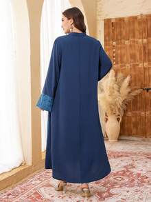 Al Najma Plus Size Women Long Sleeve Solid Embroidered Long Casual Elegant Arabic Maxi Dress - Navy Blue - View 2
