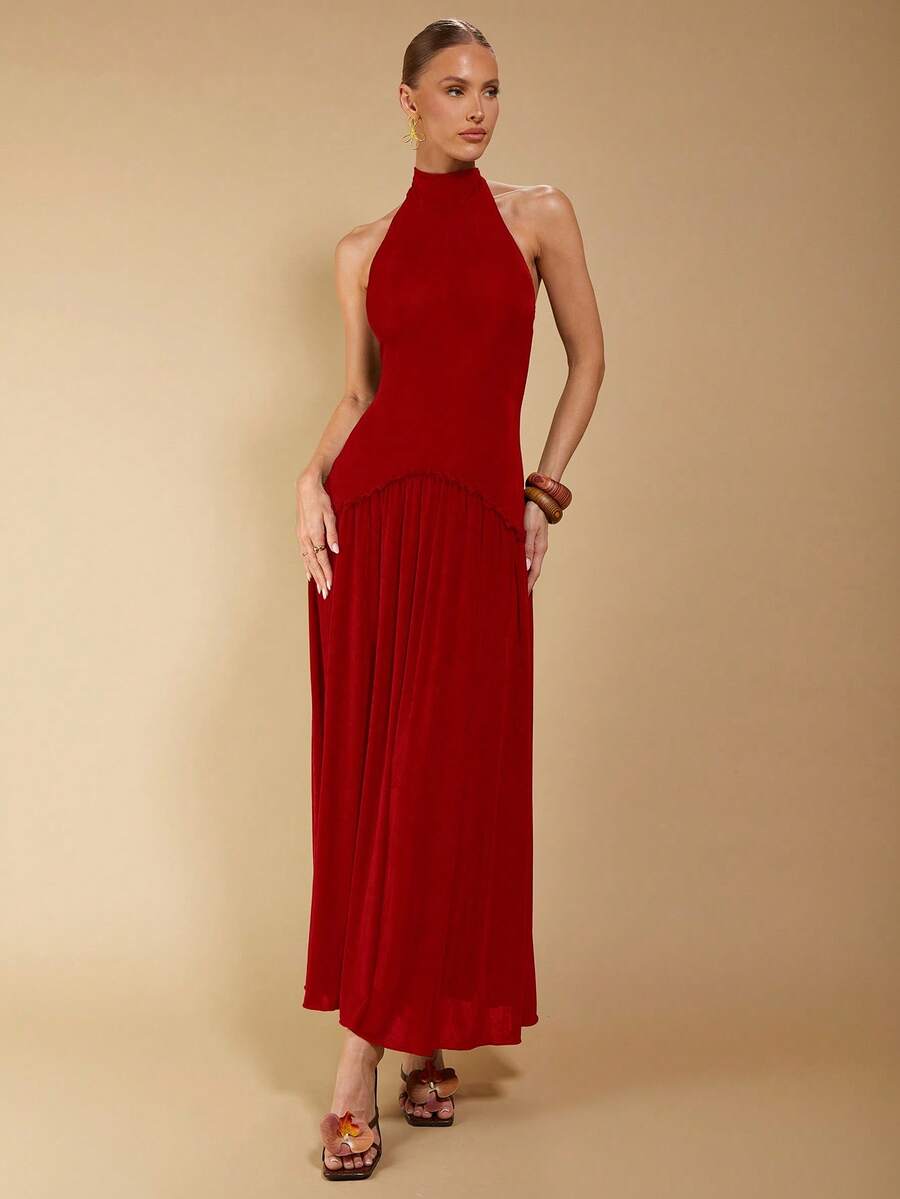 COSMINA Đầm hở lưng không tay màu trơn thanh lịch dành cho nữ - Đỏ - Xem 1