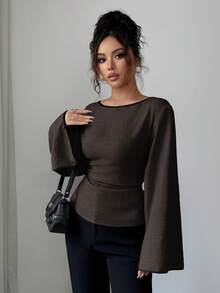 Siren Gaze 女士优雅后腰系带长袖衬衫，适合秋季通勤 - 棕色 - 查看 5