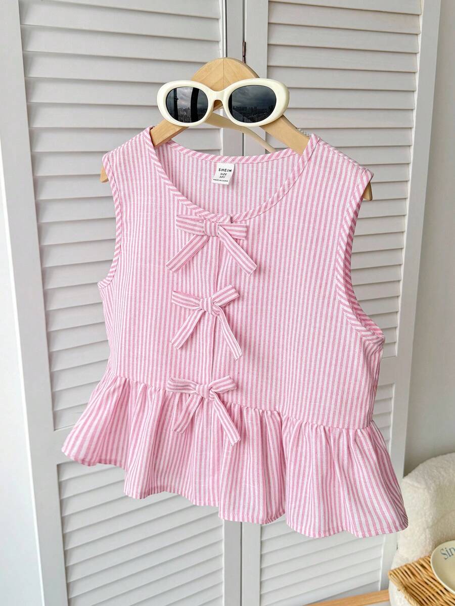 SHEIN 青少年女孩可爱蝴蝶结条纹荷叶边上衣，休闲日常百搭 - 粉色 - 查看 1