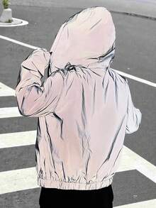SHEIN EZwear Zip Up Drawstring Hooded Reflective Jacket In Fall/Winter - Grey - View 2