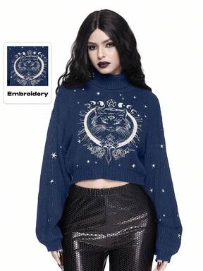 High Neck Dark Gothic Black Mysterious Cat Embroidery Pullover Sweater