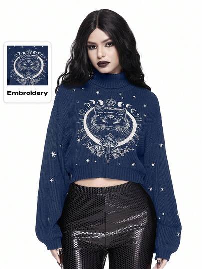 Goth Hochgeschlossener, dunkel-gotischer, schwarzer, mysteriöser Pullover mit Katzen-Stickerei