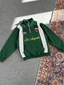 Manfinity Hypemode Retro American Half-Zip Los Angeles Letter Print Badge Contrast Color Loose Casual Men Pullover Sweatshirt Quarter Zip Men  Men Polo Shirt  Men Stuff  Men Gifts  Father Gifts  Men Clothes Mens Quarter Zip