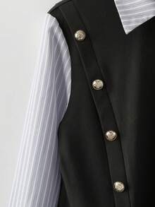 GlowEve 女士撞色条纹长袖荷叶边纽扣前襟时尚二合一衬衫