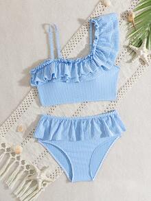 SHEIN Bộ đồ bơi bikini 2 mảnh cho bé gái tuổi teen, họa tiết sọc xanh trắng dễ thương, vai không đối xứng, dây đeo có thể điều chỉnh, hình tam giác nhún bèo - Xanh và trắng - Xem 2