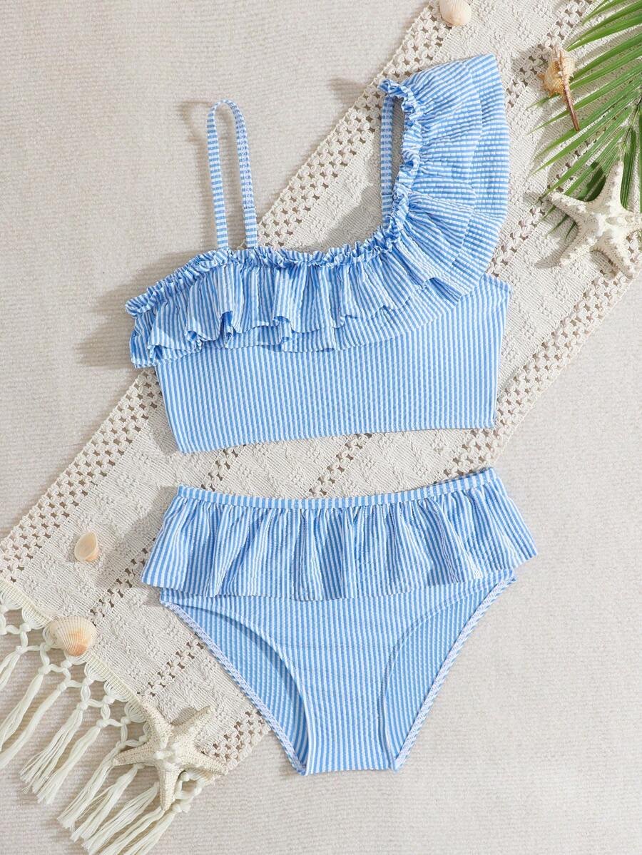 SHEIN Bộ bikini cho bé gái tuổi teen, sọc xanh trắng dễ thương, bèo nhún, vai lệch bất đối xứng, dây đeo có thể điều chỉnh, bikini tam giác bèo nhún, bộ đồ bơi hai mảnh cho bé gái, đồ bơi hai mảnh có bèo nhún cho bé gái tuổi teen, bikini viền bèo nhún cho bé gái, bikini sọc cho bé gái, bộ đồ bơi cho bé gái tuổi teen, đồ đi biển cho tuổi teen, bộ hai mảnh cho bé gái, bộ bikini kín đáo cho tuổi teen. - Xanh và trắng - Xem 1
