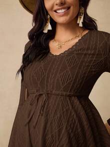 Boho Mama Maternity V-Neck Cable Knot Design Fashionable Versatile Long Sleeve T-Shirt - Brown - View 7
