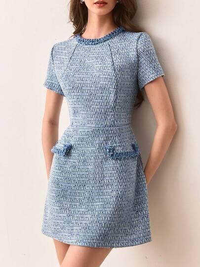 Aveloria Rosie Vintage Romantic Elegant Fitted Waist Crew Neck Short Sleeve Dress With Contrasting Tweed Fabric And Matching Ribbon Trim, Slimming