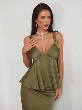 Aloruh Women's Elegant V-Neck Pleated Satin Camisole For Cocktail Party,Tank Top