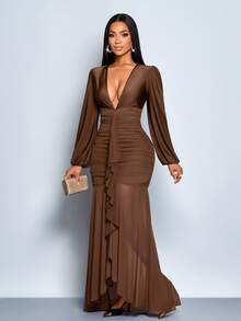 SOLERSUN Women's Elegant Ruffle Trim Plunging V-Neck Long Sleeve Solid Color Pleated Mesh Patchwork Fishtail Hem Maxi Dress, Sexy And Simple, Suitable For Cocktail Party, Date, Autumn/Winter Dress, Party/Wedding Bridesmaid Dress, Evening Gown, Halloween, Christmas Date Night Thanksgiving Women Outfit