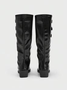 Sugerpunk Botas de media pantorrilla de moda casual de uso diario con diseño de hebilla para mujer - Negro - Ver 3