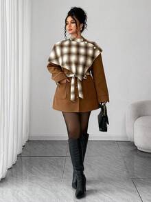 Elenzga Women's Pink And Grey Autumn Elegant Plaid Pattern Long Sleeve Poncho-Style Jacket,Waist Cinched Minimalist Coat With Pockets For Office Work Commute - Coffee Brown - View 5