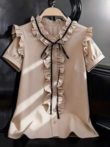 GlowEve CURVE 时尚休闲法式复古优雅泡泡袖荷叶边缎带撞色蝴蝶结通勤衬衫 - 杏色 - 查看 1