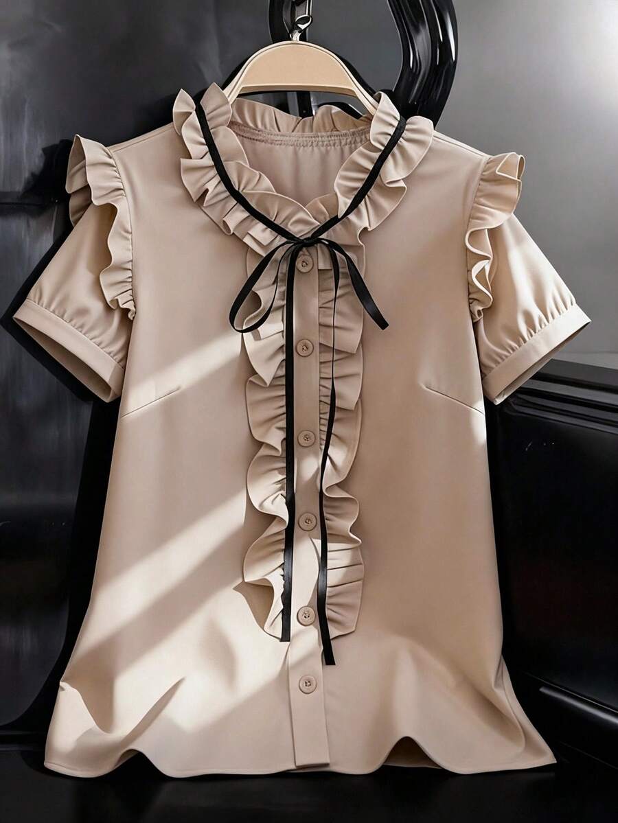 GlowEve CURVE 时尚休闲法式复古优雅泡泡袖荷叶边缎带撞色蝴蝶结通勤衬衫 - 杏色 - 查看 1