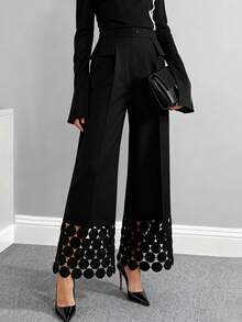 Balvessa Pantalones de mujer con dobladillo de encaje y diseño de lunares - Negro - Ver 4