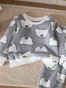 SHEIN 2pcs Baby Boy Toddler Newborn 0-3Y Casual Everyday Outfits Cute Plush Flannel Bear Print Crew Neck Long Sleeve Sweatshirt And Pants Set, Autumn/Winter - Light Grey - View 7