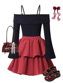 SHEIN Sparklyn Tween Girls' Fashion Elegant T-Shirt Set, White Knit Top Paired With Black Woven Cake Skirt, Top Decorated With Black Bow, Skirt With Pearl Embellishment