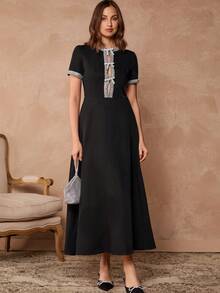 Enchnt 撞色复古方领短袖蝴蝶结装饰优雅连衣裙 - 黑色 - 查看 6