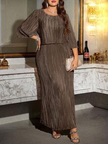 Reflora Plus Size Elegant Textured Round Neck Mid-Sleeve Dress, Autumn - Brown - View 5