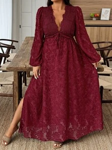 SHEIN LUNE 大码女式提花薄纱蕾丝拼接休闲长裙，适合秋冬季日常穿着 - 酒紅色 - 查看 4