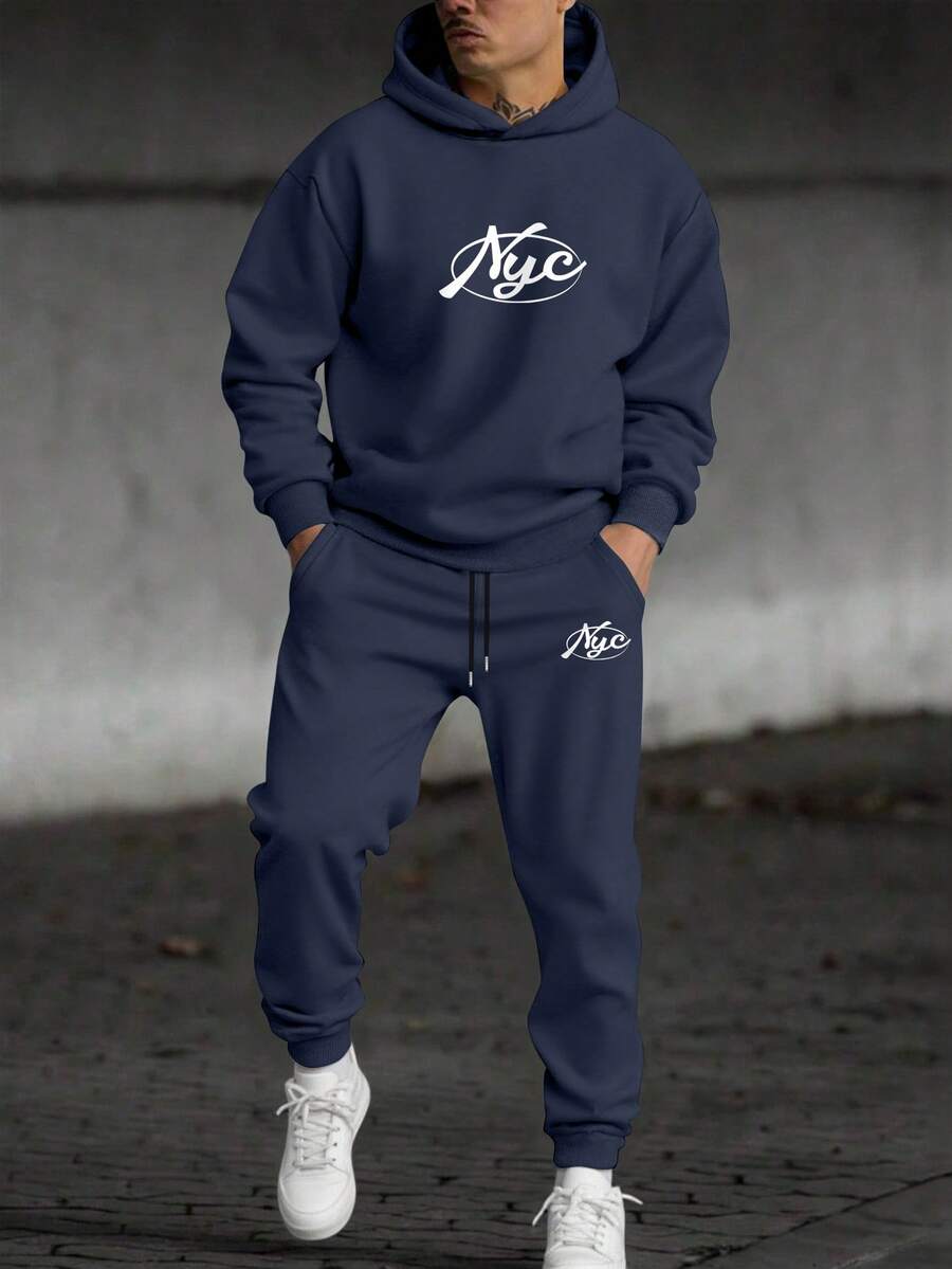 Manfinity Homme 男士纽约市标语字母印花休闲卫衣和运动裤套装(2件套),冬季男装,秋季男装 - 藏蓝色 - 查看 1
