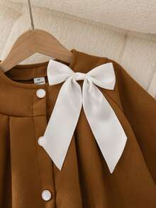 Elladie kids 1件女童冬季新款2025韩版中长款外套，圆领开襟宽松长袖，可拆卸蝴蝶结袖口和领子，优雅时尚街头风简约风衣 - 棕色 - 查看 7
