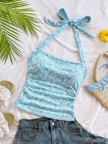 SHEIN WYWH Áo ba lỗ dệt kim ôm sát cổ yếm màu xanh dành cho nữ - Màu xanh nhạt - Xem 6