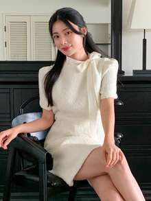 DAZY Women's Bow Tie Lace-Up Fuzzy Fabric Short Dress - White - View 5