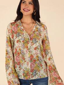 Coeurva Floral Print Trumpet Sleeve Blouse - Apricot - View 6