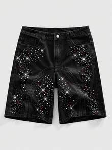 ROMWE MEN Pantalones cortos de mezclilla con pedrería personalizada de moda negros para hombres - Negro - Ver 1