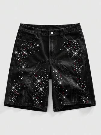 Pantalones cortos de mezclilla con pedrería personalizada de moda negros para hombres