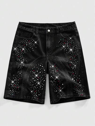 ROMWE MEN Pantalones cortos de mezclilla con pedrería personalizada de moda negros para hombres