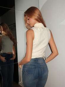 EgrlEra Women's Sleeveless Casual Knit Top With High Neck And Side Tie Design - Beige - View 2