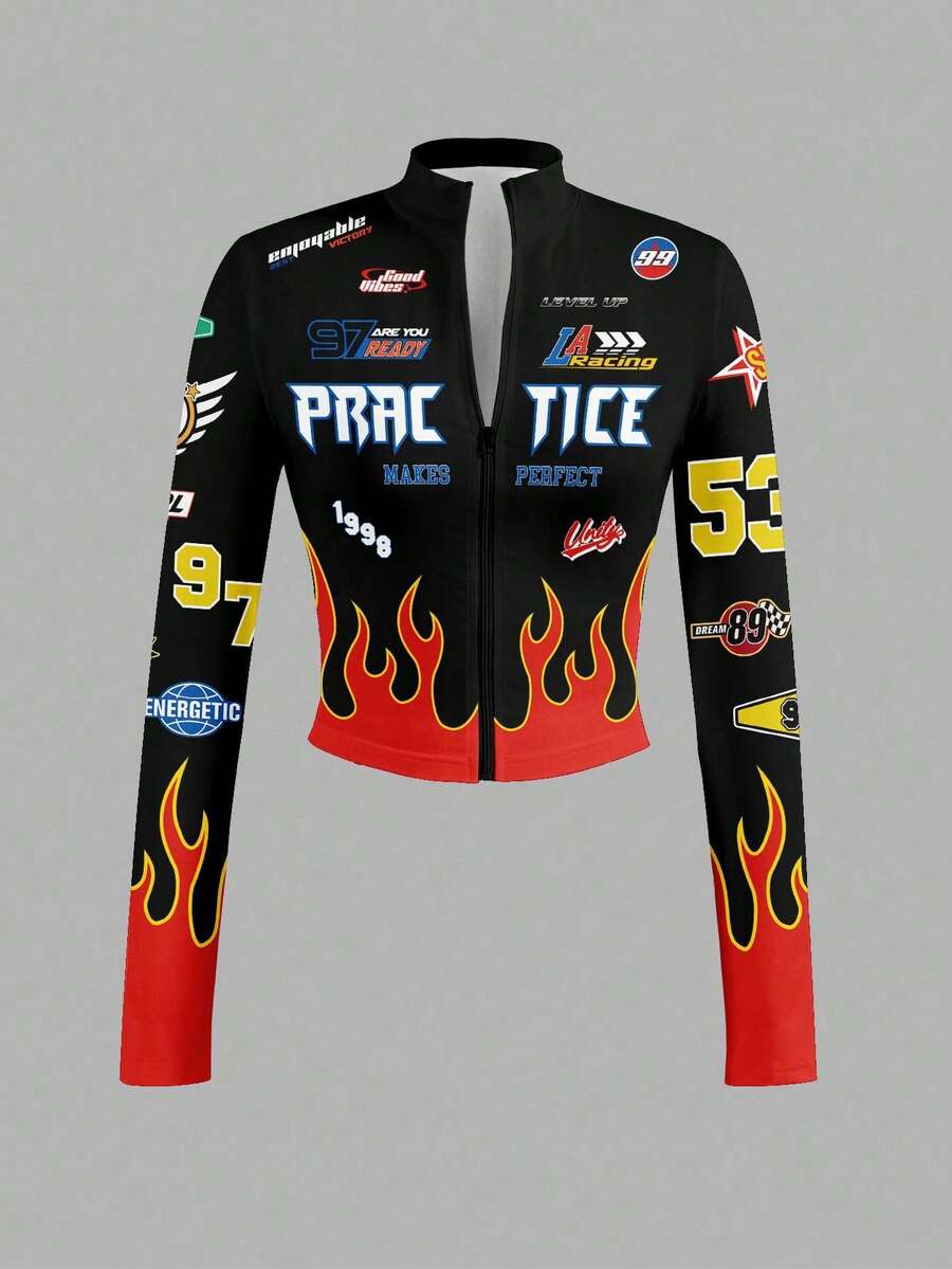 Slaydiva 简约休闲女式秋冬弹力半领拉链夹克，Y2K街头风外出摩托车圆领印花长袖半领拉链夹克 - 彩色 - 查看 1