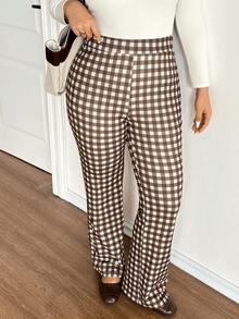 Lounesse 大码喇叭格纹修身优雅裤 办公室工作格纹裤 棕色格子裤 女士方格裤 休闲女装 - 彩色 - 查看 3