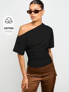 AiiRZ Off Shoulder Asymmetric Top Modern Fitted Waist Short Sleeve Shirt Contemporary Fashion Fall Winter Spring Holiday Evening Party Wear