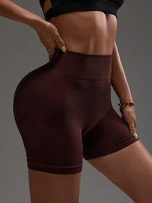 SHEIN Dewbera Women's Solid Color Elastic Seamless Ribbed Sports Shorts, Summer Tummy Control Gym Shorts Spandex Shorts Tummy Control - Coffee Brown - View 6