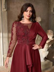 Aureia Plus Size Burgundy,Winter,Elegant,Formal,Dinner,Evening Luxury Sequin Patchwork Satin Ruffle Hem A-Line Maxi Evening Gown Military Green - Burgundy - View 5
