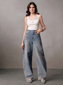 Anewsta Women's Pocket Button Casual Versatile Rhinestone Flared Leg Jeans - Blue - View 5