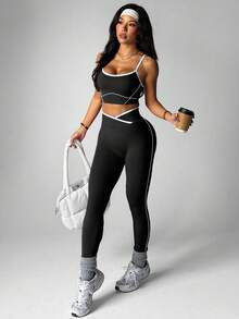 Dewbera Women's Seamless Pink Activewear Set, Striped Crisscross Waist Crop Leggings And Vest Yoga Leggings Set Active Legging Set Gym Leggings Set Curve Activewear Set Active Wear Women Active Sets Crop Top And Leggings Set - Black - View 5