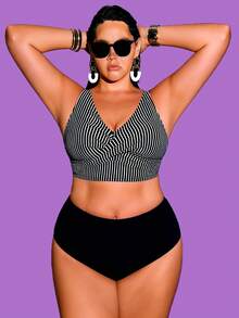 Shapewave Plus Size 2pcs Nylon Ribbed Fabric Crisscross Front Crop Top And High Waist Triangle Bottoms Casual Swimwear Set - Multicolor - View 5