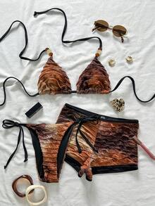 EgrlEra 女士扎染提花面料露背性感比基尼三件套，沙滩度假 - 彩色 - 查看 1